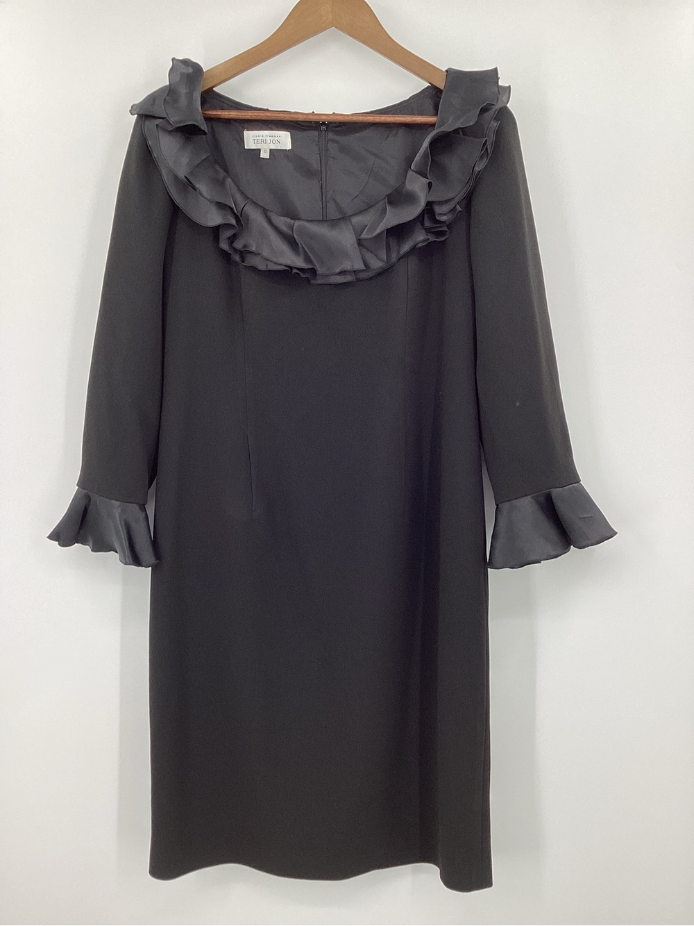 Teri Jon Black Ruffle-Trim Long Sleeve Dress